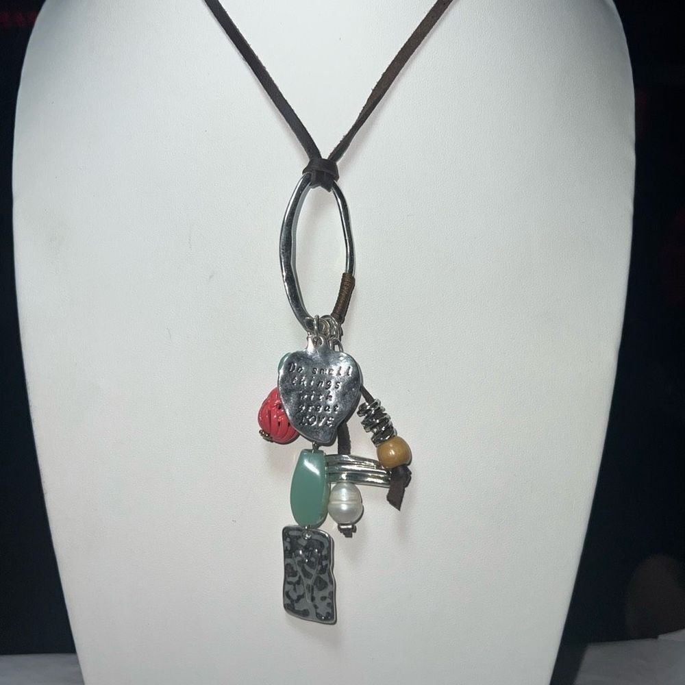 Plunder Leather and Silver Tone Charm “Do Small Things With Great Love” Necklace